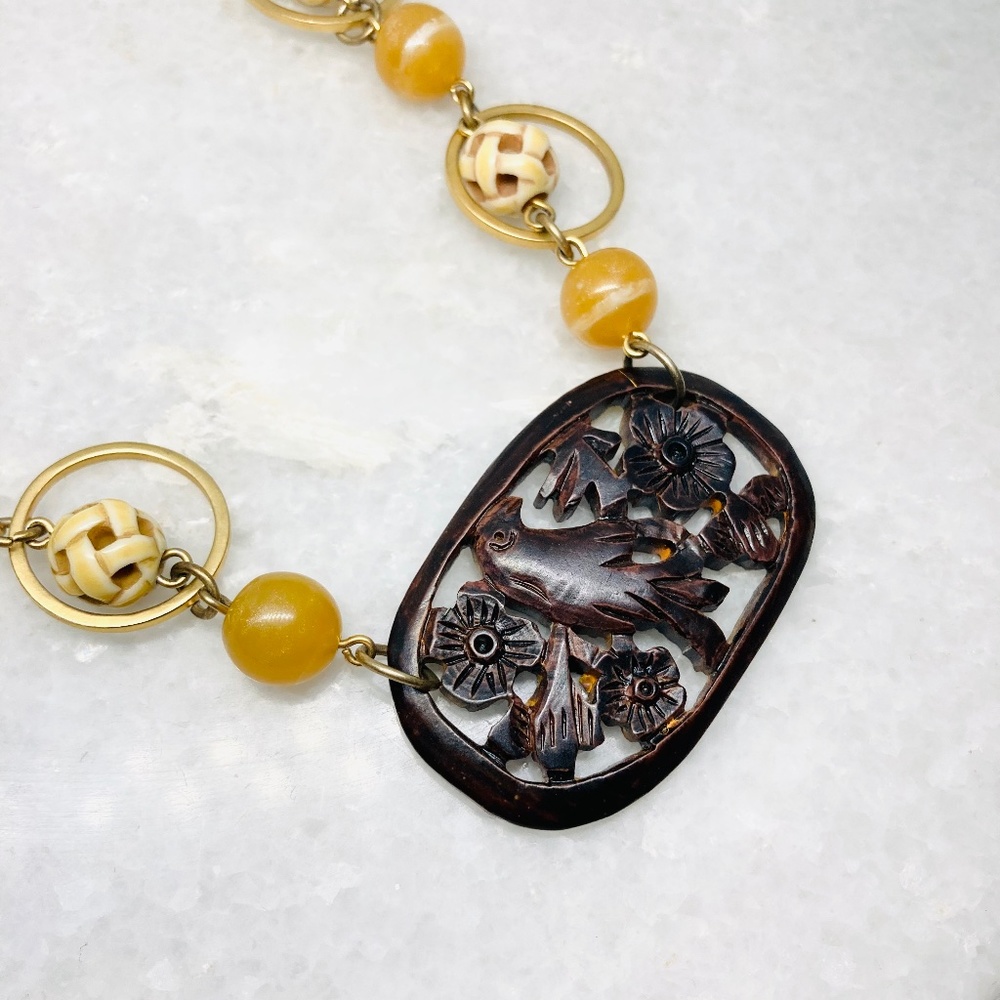 Vintage Asian Art Carved Wooden Bird Beaded Chain Necklace Yellow Cream 22”